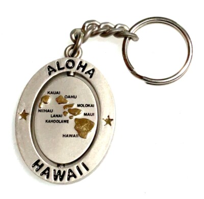 Aloha Hawaii Silver Gold Tone Spinner Souvenir Keychain Key Ring Map of Islands