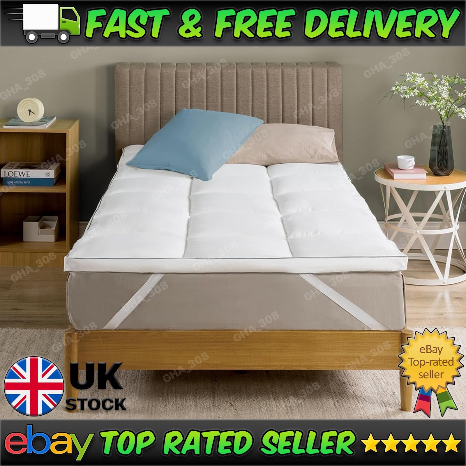 Single Bed Mattress Topper 5cm Thick Cover Bamboo Fibre Padding, Hypoallergenic