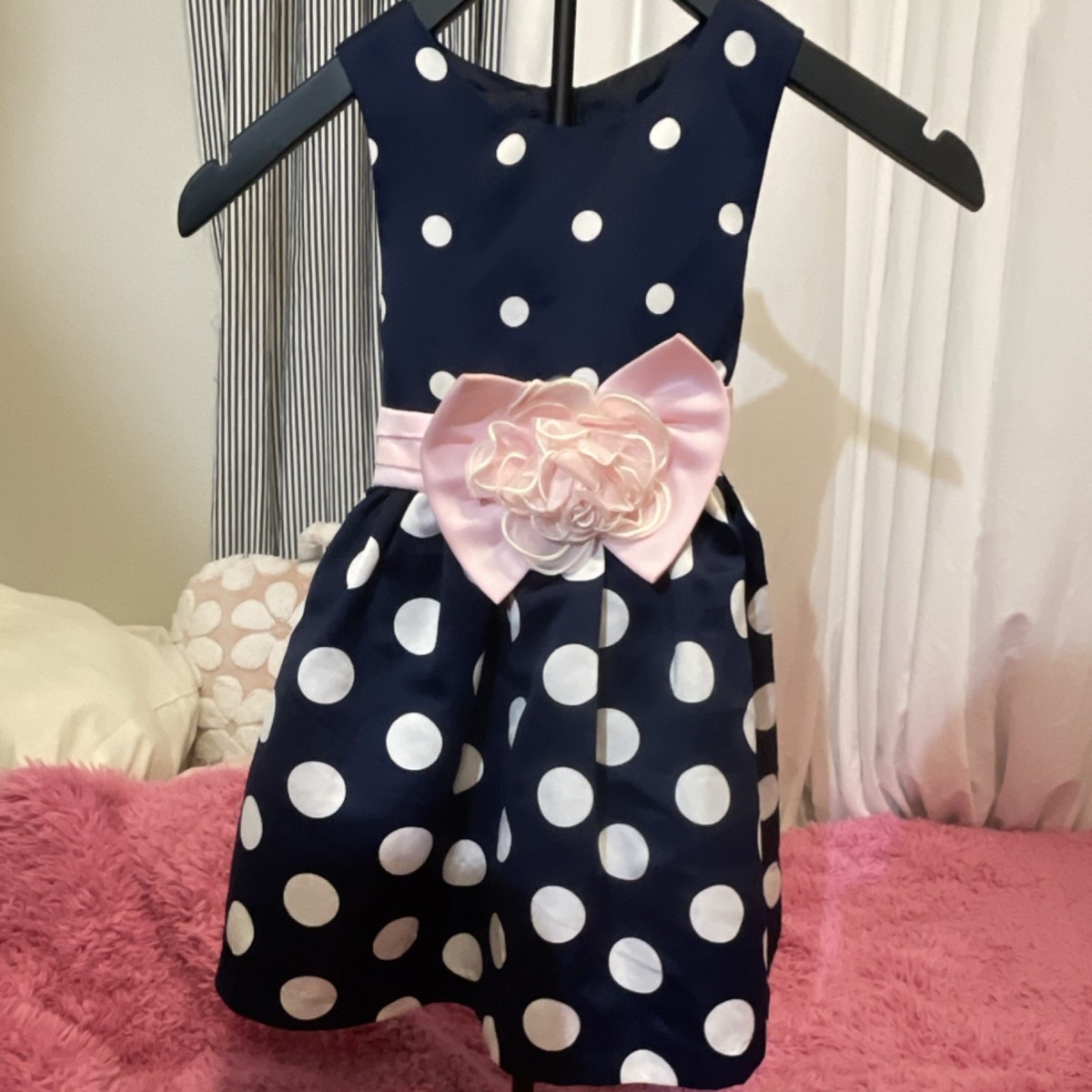 Rare Editions Girls Sleeveless Navy Polka Dot A-Line Party Dress Size 5 Pink Bow Rare Editions Girls Sleeveless Navy Polka Dot A-Line Party Dress Size 5 Pink Bow