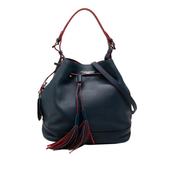 Prada Triangle Logo Plate Handbag/Shoulder Bag 2-Way Navy Red Leat... GZl1iqf8