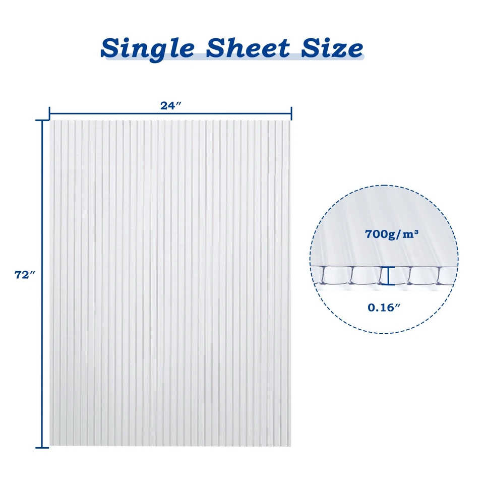 Aoodor 6PCS 24" x 72"Polycarbonate Greenhouse Panels Waterproof UV Protected 4mm - Image 3 of 4