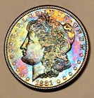 1881 S Morgan Silver Dollar TRUE MULTI RAINBOW TONED GENUINE SEMI PL SUPER GEM