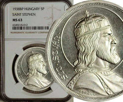 NGC MS-63 HUNGARY SILVER 5 PENGO 1938 (St. STEPHEN)