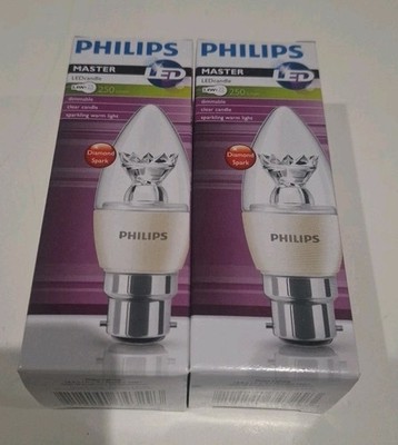 2 x Philips Master Dimmbare LED Kerze 3,4W Diamond Spark Bajonett Neu Verpackt Paar