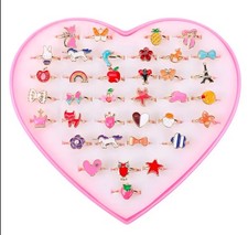 36Pcs Little Girl Jewel Rings, Adjustable, No Duplication Kids Play Rings in Box