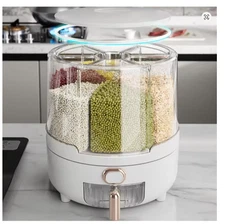 360° Rotating Grain Dispenser, Plastic Kitchen Storage Container for Rice & Bean