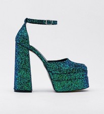Nasty Gal, TRENDY Green glitter sparkle 6.25" block heel double platforms, SZ 7
