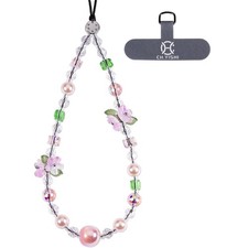 Handmade Flower Beaded Charm Cell Phone Camera Lanyard, Wrist Strap with Teth...