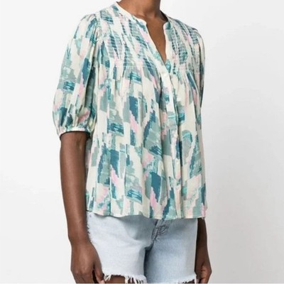 Ba&sh Teodore Flowing Shirt Blue Turquoise Printed sz Small 4 GUC