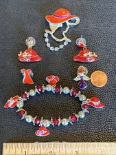 ARC Lot Red Hat Society Ladies Pins Brooch Rhinestones Earrings Charm Bracelet