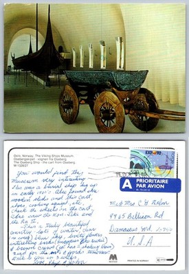 Oslo Norway Viking Ships Museum Oseberg Ship & Cart Postcard 1992 MITTET