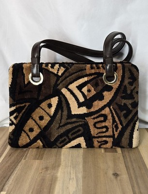 Vintage ANTIQUE Carpet HIPPIE TAPESTRY CHENILLE SHOULDER BAG BROWN TAN BLACK ***