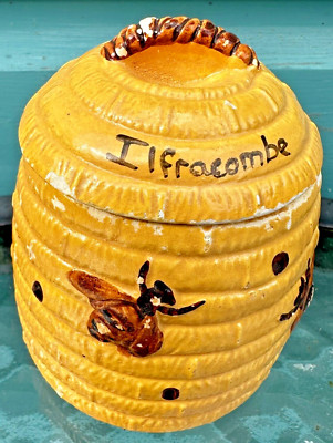 Vintage Ilfracombe Honigtopf, handgefertigt mit Insekten auf Bienenstock, Korbmuster