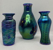 3 LUNDBERG STUDIOS Cobalt Blue Iridescent Art Glass Vases