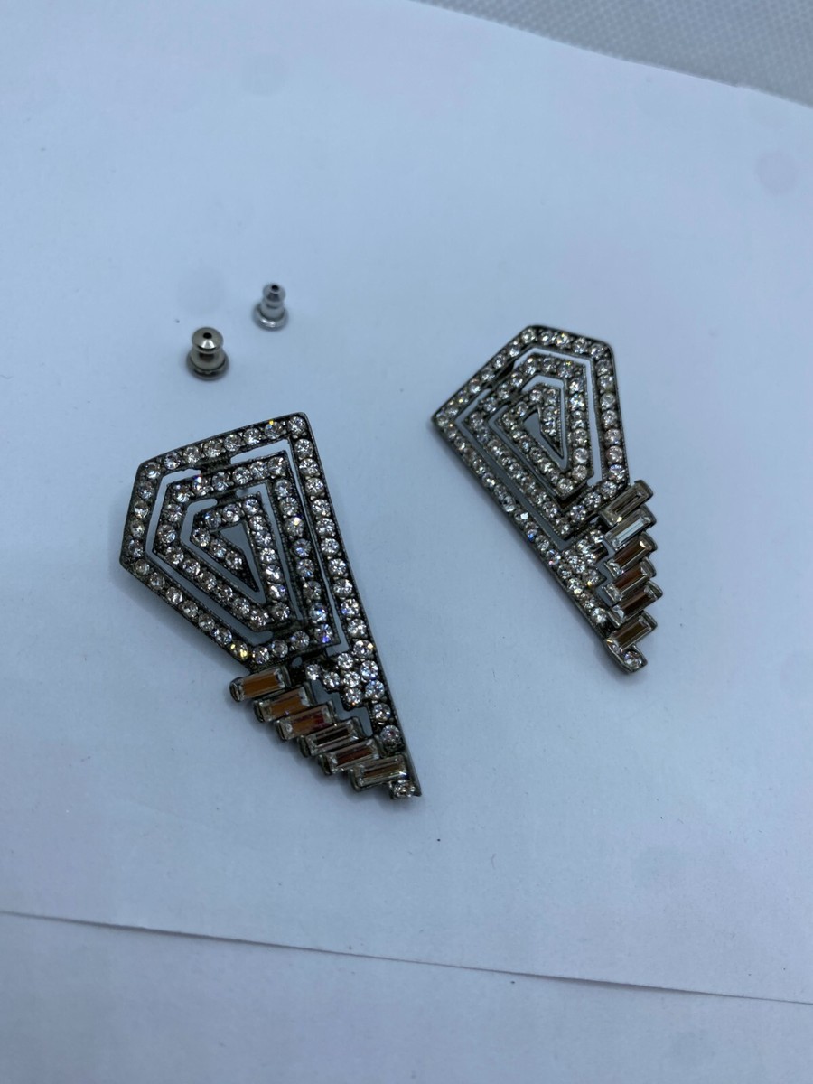 Ben Amun Art Deco Crystal Earrings Geometric Pierced Silver Tone Clear Crystals View 5
