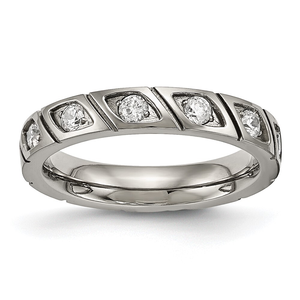 Titanium Polished Cubic Zirconia 4mm Grooved Band Ring Size 9 for Men 2.59gm