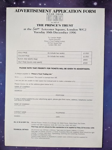 Star Trek First Contact European Charity Premier Ticket Application Form - Picture 5 of 5