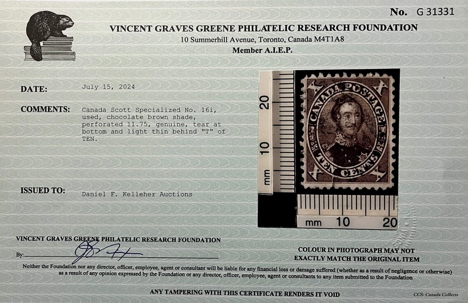 💥ULTRA RARE💥 CANADA SC#16i *Used* VERY FINE *GREENE CERT* $9,000 CAT for VF - Image 2 of 4