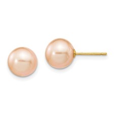 8-9mm 14k Gold 8-9mm Pink Round Freshwater Cultured Pearl Stud Post Earrings