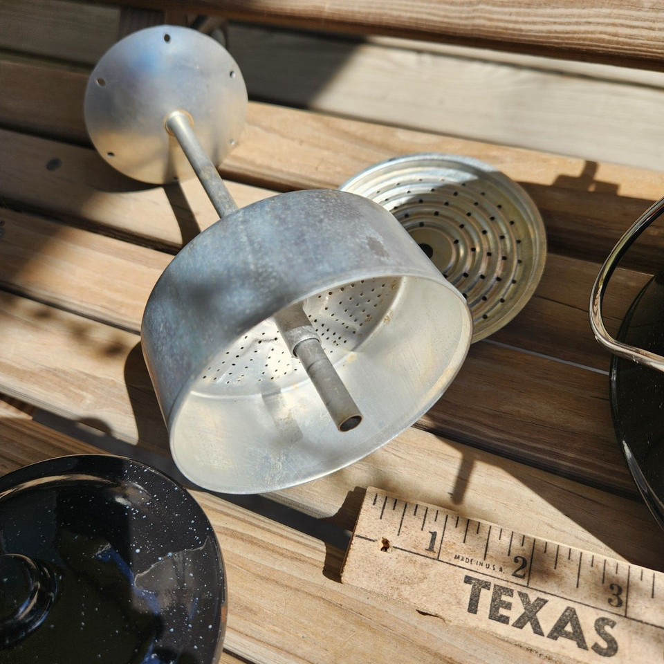Vintage Black & White Speckled Enamelware Graniteware Cowboy Style
