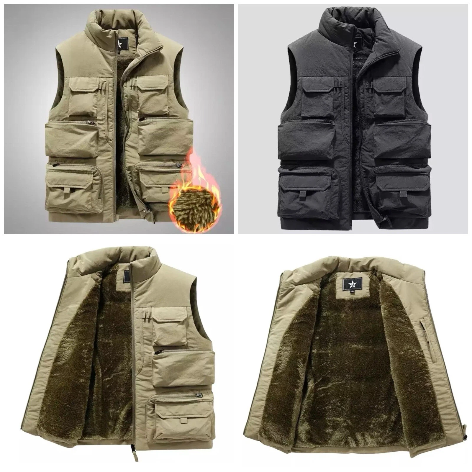 Mens Fleece Lined Winter Warm Waterproof Coat Gilet Jacket Cargo Padded Casual