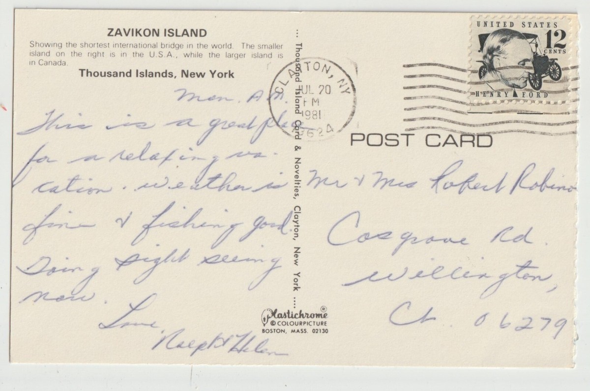 Zavikon Island Thousand Islands NY Vintage Post Card Posted 1981