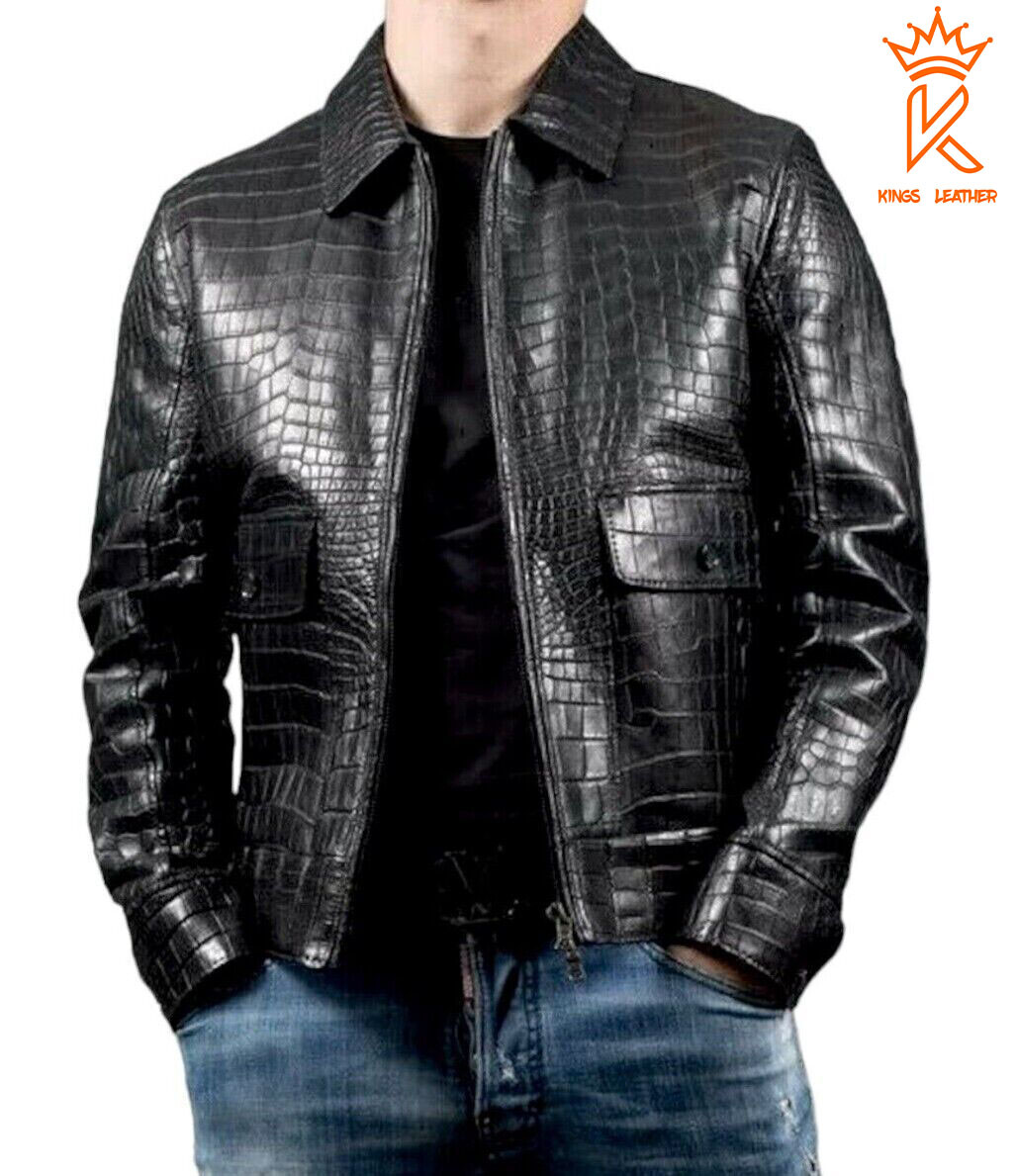 Chaqueta de Hombre Negro Cuero Genuino Coimán En relieve Motocicleta Calce Clásico Estilo