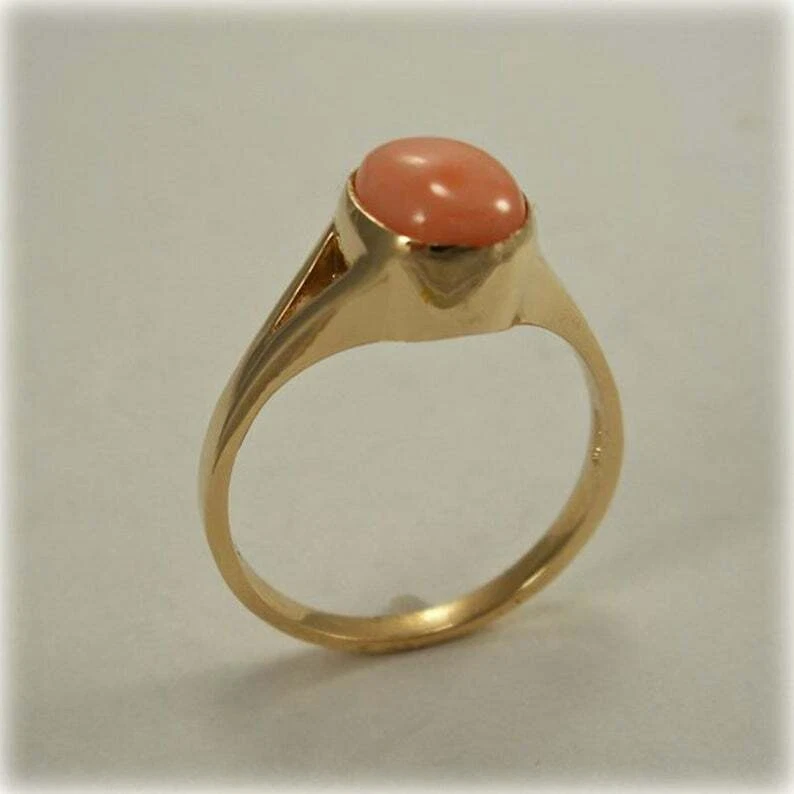 Anillo enchapado en oro de 5,35 quilates de coral rosa para hombre/mujer, anillo hecho a mano de plata de ley 925 Foto 3 de 4