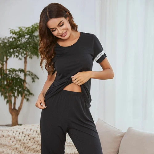 Damen Pyjama Set Spitze T-Shirt und Hose Baumwolle Nachtwäsche Bequem Loungewear Pyjama - Bild 9 von 13