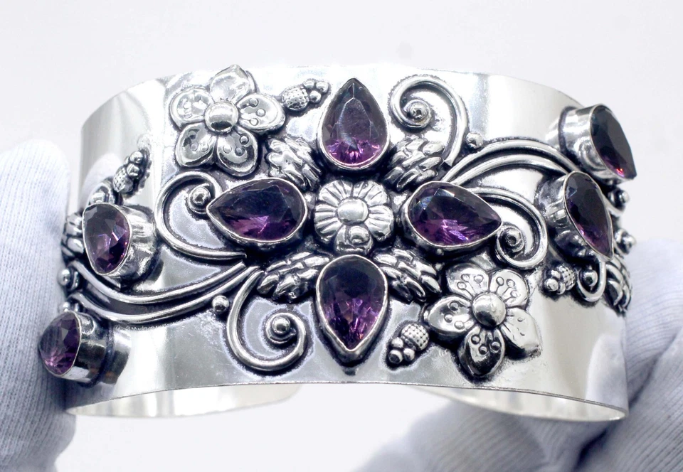 925 Sterling Silver Purple Amethyst Gemstone Jewelry Cuff Bracelet Size-ADJ" - Image 2 of 4