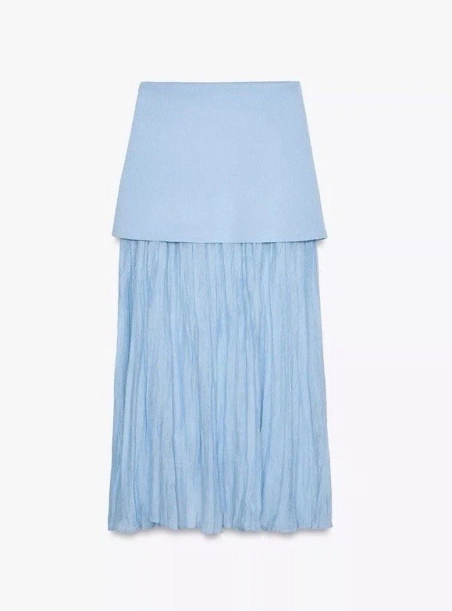 ZARA S, L, MID-BLUE WOMAN SS25 MIXED PLEATED KNIT SKIRT MID-ECRU