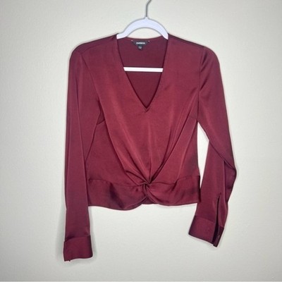 Express Womens Size XS Red Satin Twist Front Long Sleeve V-Neck Top Lightweight
