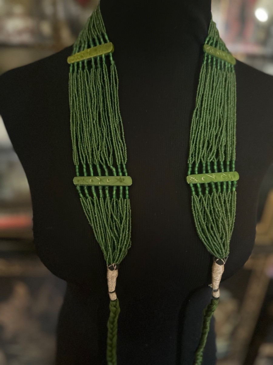 70s Green Seed Glass Beads HandMade Braided Tie Tassel Belt Native Artsy  Boho