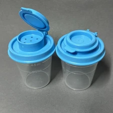 Tupperware Mini Salt and Pepper Shakers Midgets Flip Top Seals 2oz Set Blue
