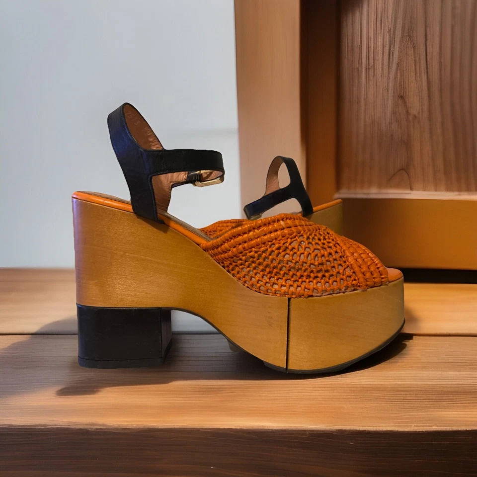 Кожаные сандалии Robert Clergeire 37 на платформе коренастые деревянные сабо подошвы оранжевые - Изображение 2 из 4