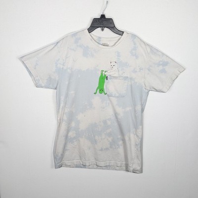 RIPNDIP Tie Dye T-Shirt Men's Large Tee Lord Nermal Alien Cat Pocket White Blue