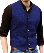 Mens Vintage Tweed Suit Vest V Neck Casual Wool Waistcoat X-Small Royal Blue