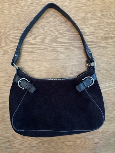 Salvatore Ferragamo Hobo Bag Gancini Black Velvet Suede Shoulder Bag