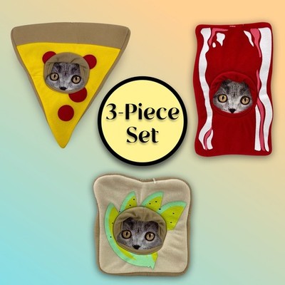3-PACK Pet Costume Hat Set XS Small Dog Cat Food Masks Pizza Bacon Avocado Toast