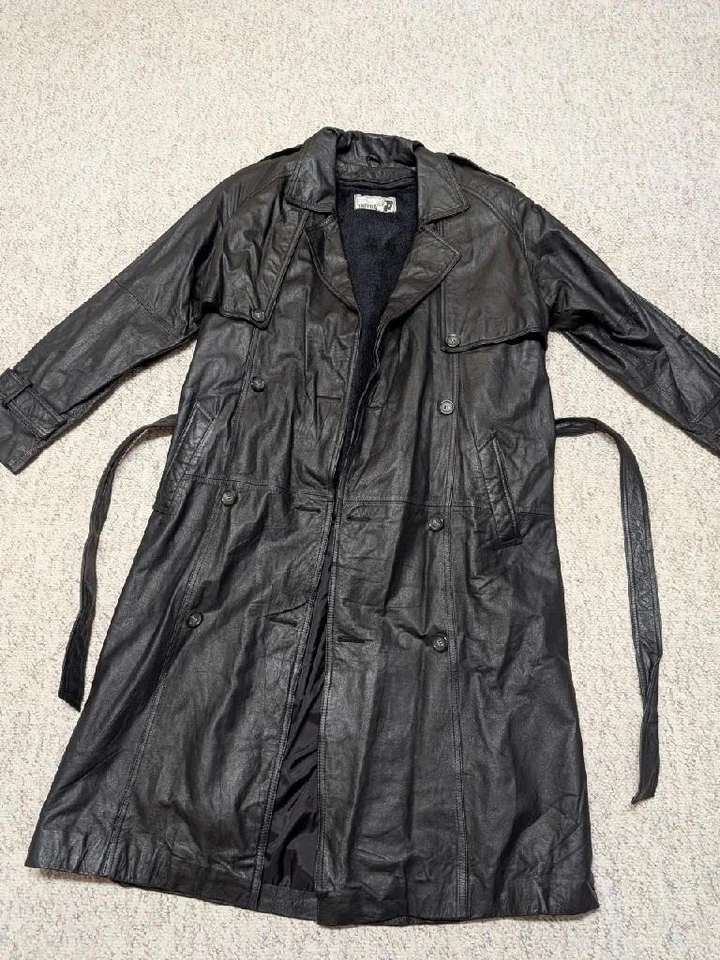 vintage TRENCH COAT black leather DUSTER belted jacket M double breasted 1980s - Image 3 of 4