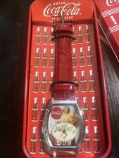 Vintage Coke Coca-Cola Wrist Watch in Refrigerator Tin Red Leather