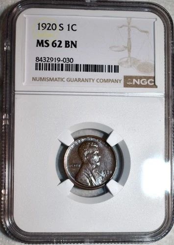 NGC MS-62 BN 1920-S Lincoln Cent, Blazing, Lightly Toned specimen.