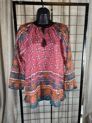 NWT NATURAL LIFE Live Happy Sz Small Boho Sheer Blouse Hippie Colorful Festival