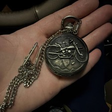 Silver Full Hunter Quartz Pocket Watch Motorcycle Theme Arabic Numerals Dial