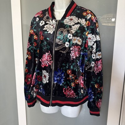 Anna Cai Black Floral Velvet Bomber Jacket Size Large Full Zip Pockets EUC