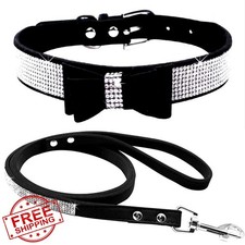 Haoyueer Suede Leather Bling Dog Collar Leash Set M Black Crystal