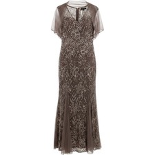 Alex Evenings NWT Rich Taupe Sequin Lace Floral V-Neck Maxi Gown w/ Shawl Sz 6