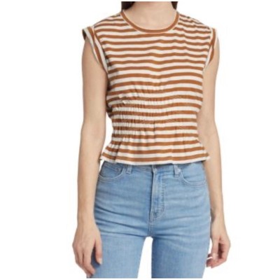 Veronica Beard Women s Sz M Tan White Buchanan Stripe Extended Sleeve Tee