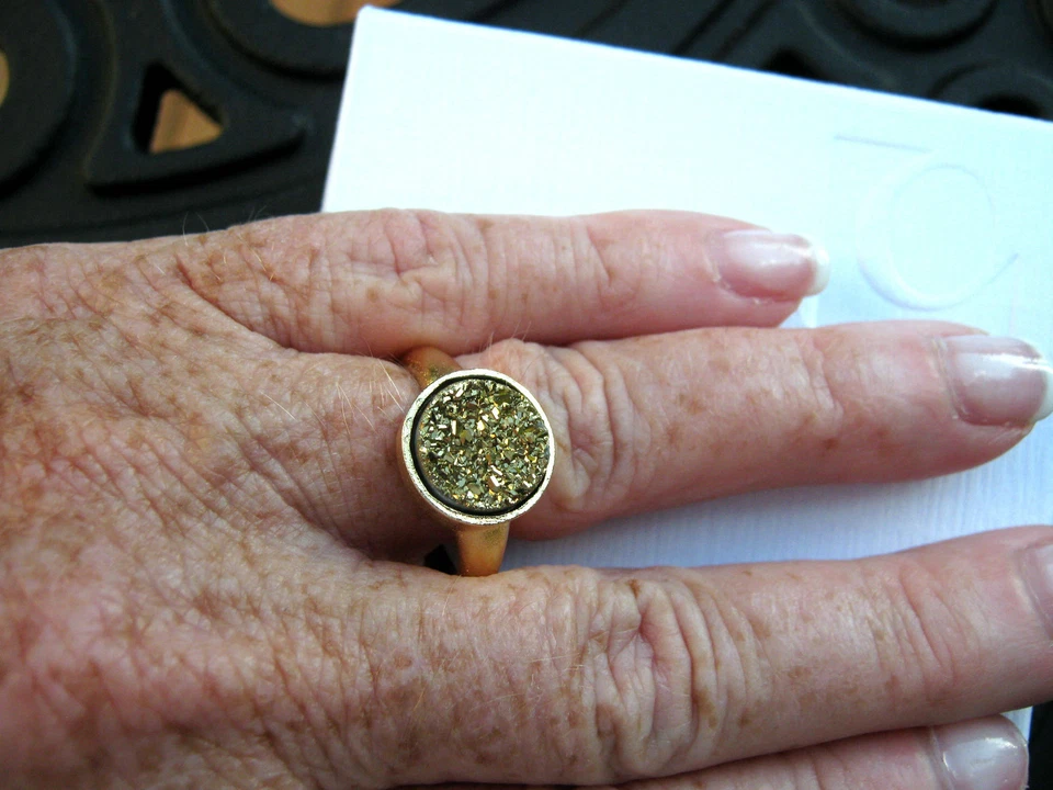 10mm Round Gold Druzy Quartz Ring 14k Satin Gold over Bronze Multiple Sizes - Image 3 of 4