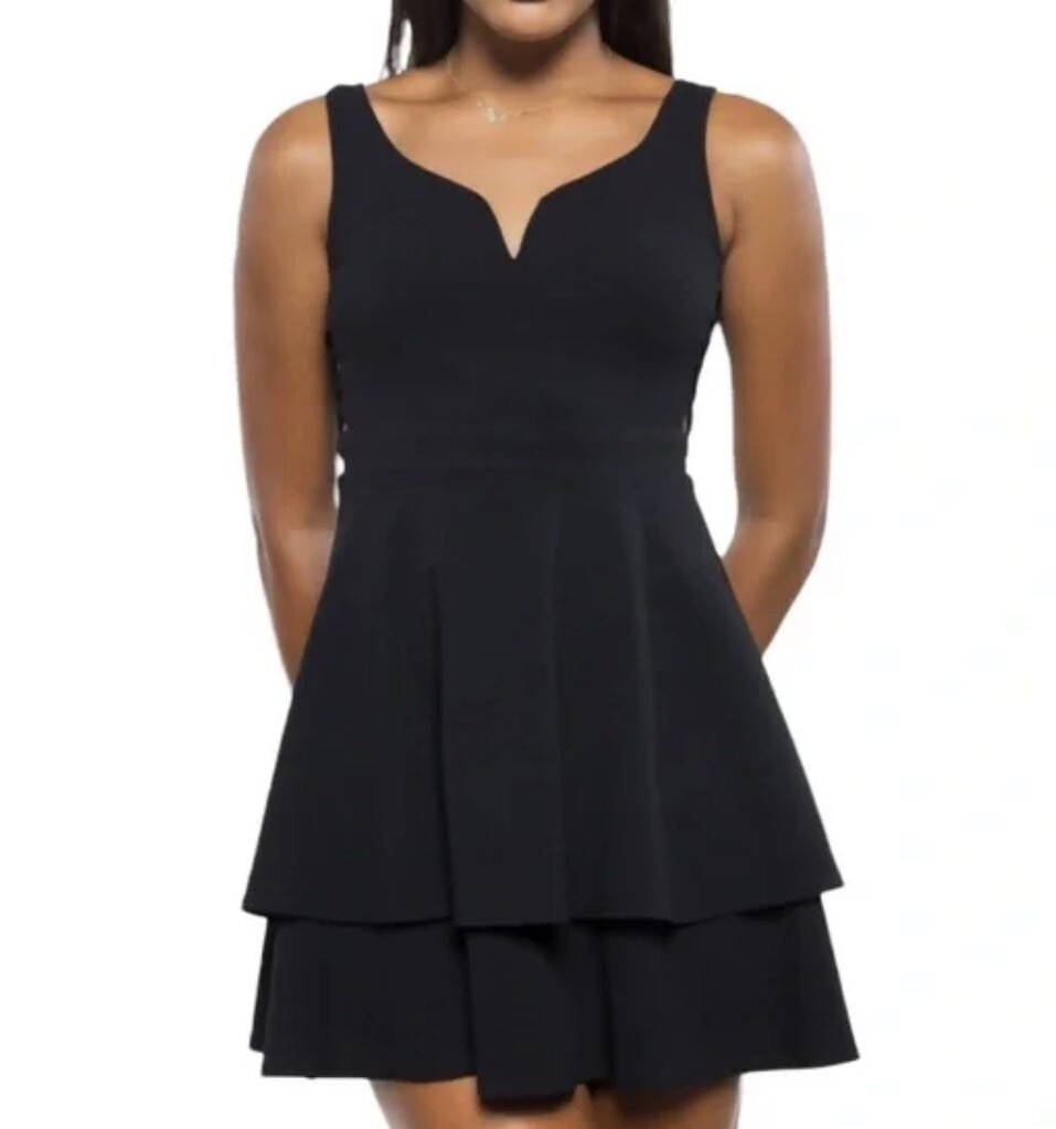 b darlin juniors' lace-up a-line dress NWT B. Sz 1, 2 Juniors Fit Flare Black Lace Up Tier Party Formal V Neck Short Sleeve Cc:Bridal 2023 Meet your new party Color:Black-Nude